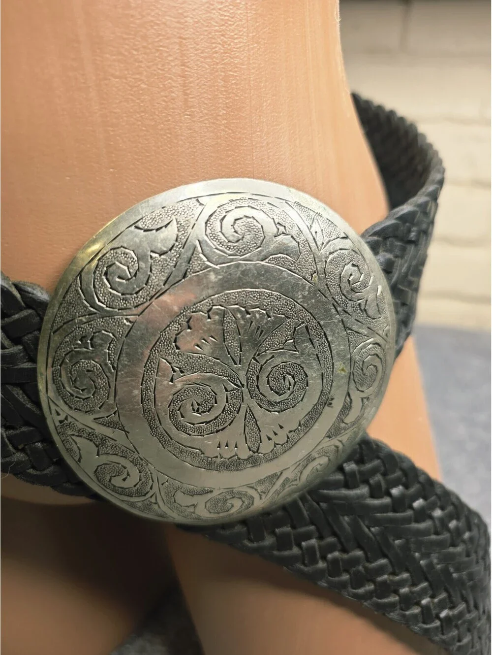 Vtg Morocco Braided Leather Belt Ornate Engraved Silver Medallion Buckle M/L